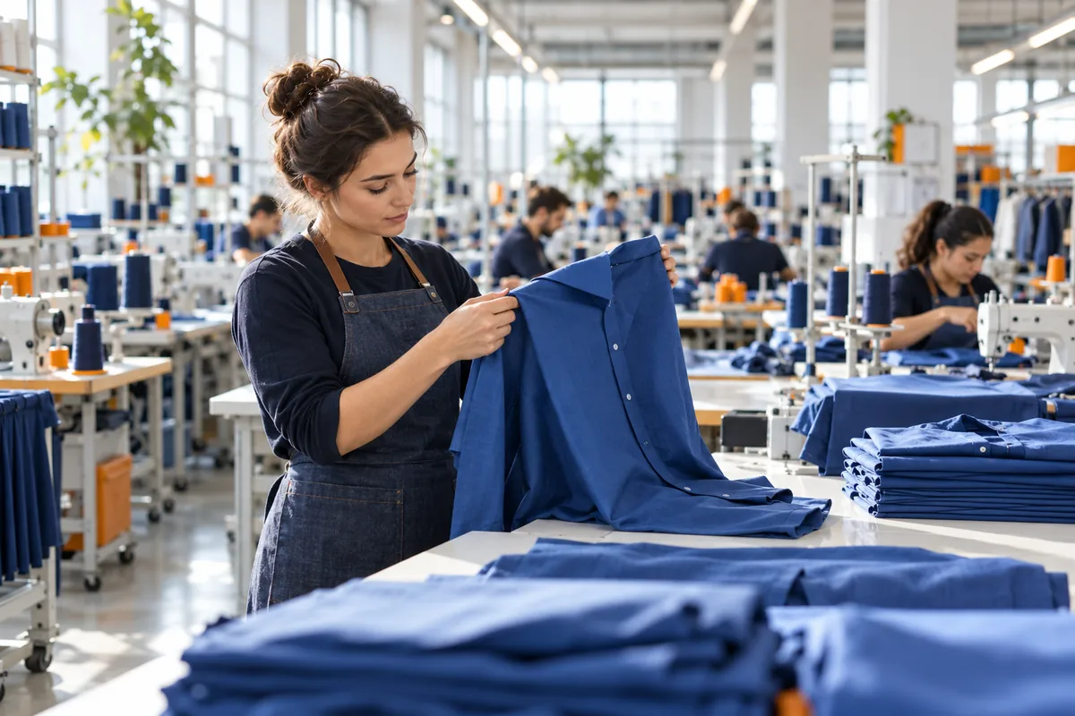 A garment specialist inspecting a blue shirt beside modern sewing stations